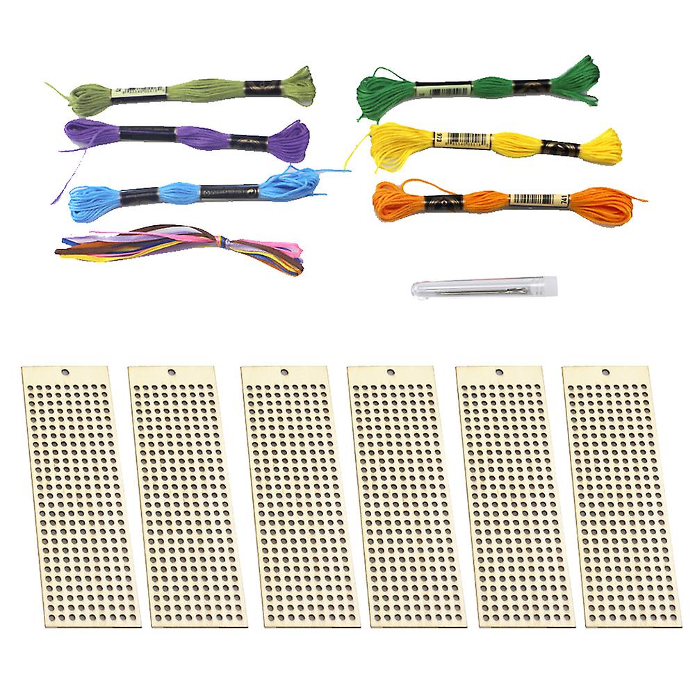 1 Kit 6pcs Wooden Bookmark With Colour Embroidery Threads Diy Craft Kit Home Decor Cross-stitch Keyring