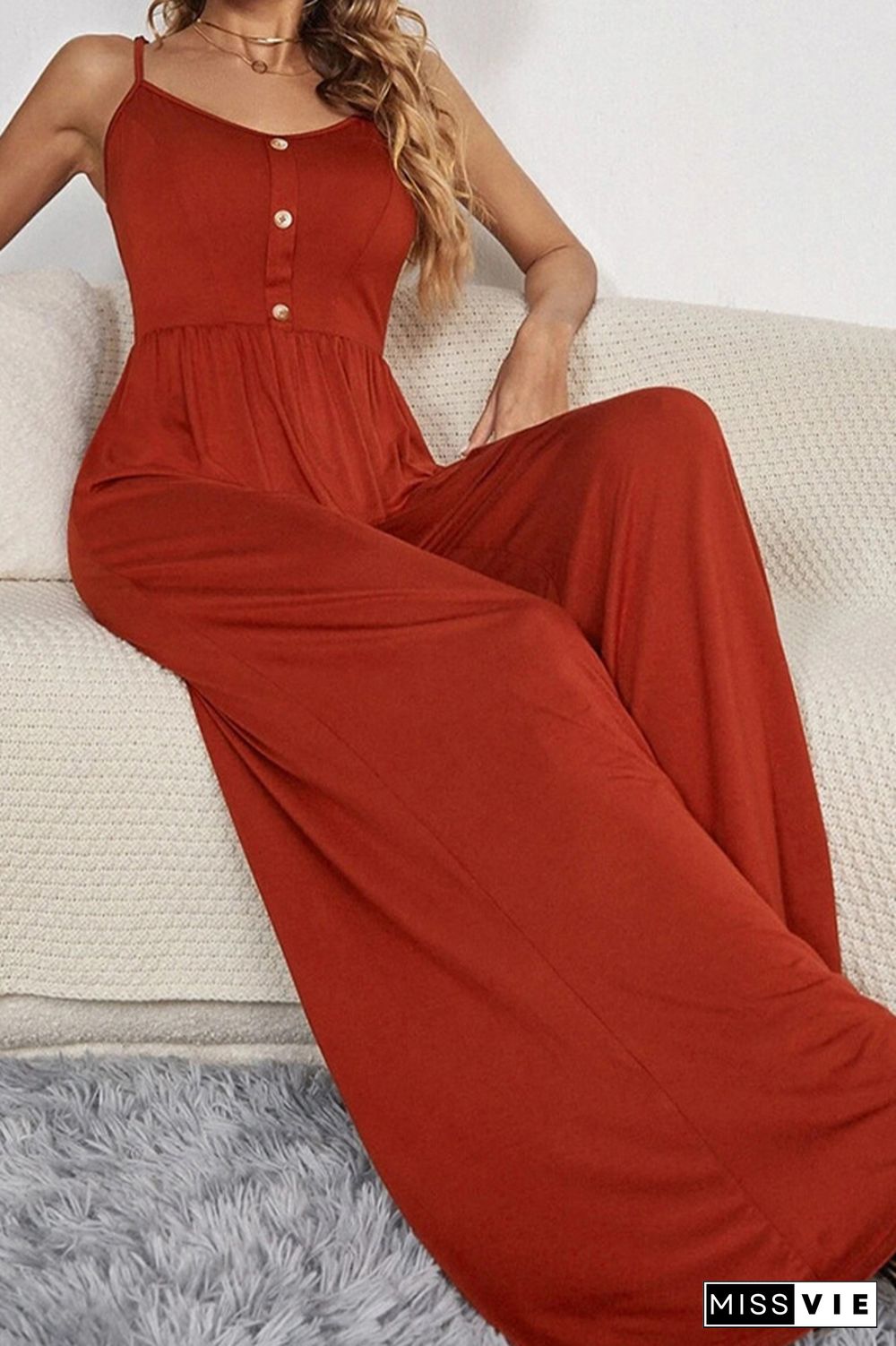 Plain Wide Leg Button Jumpsuit Wholesale