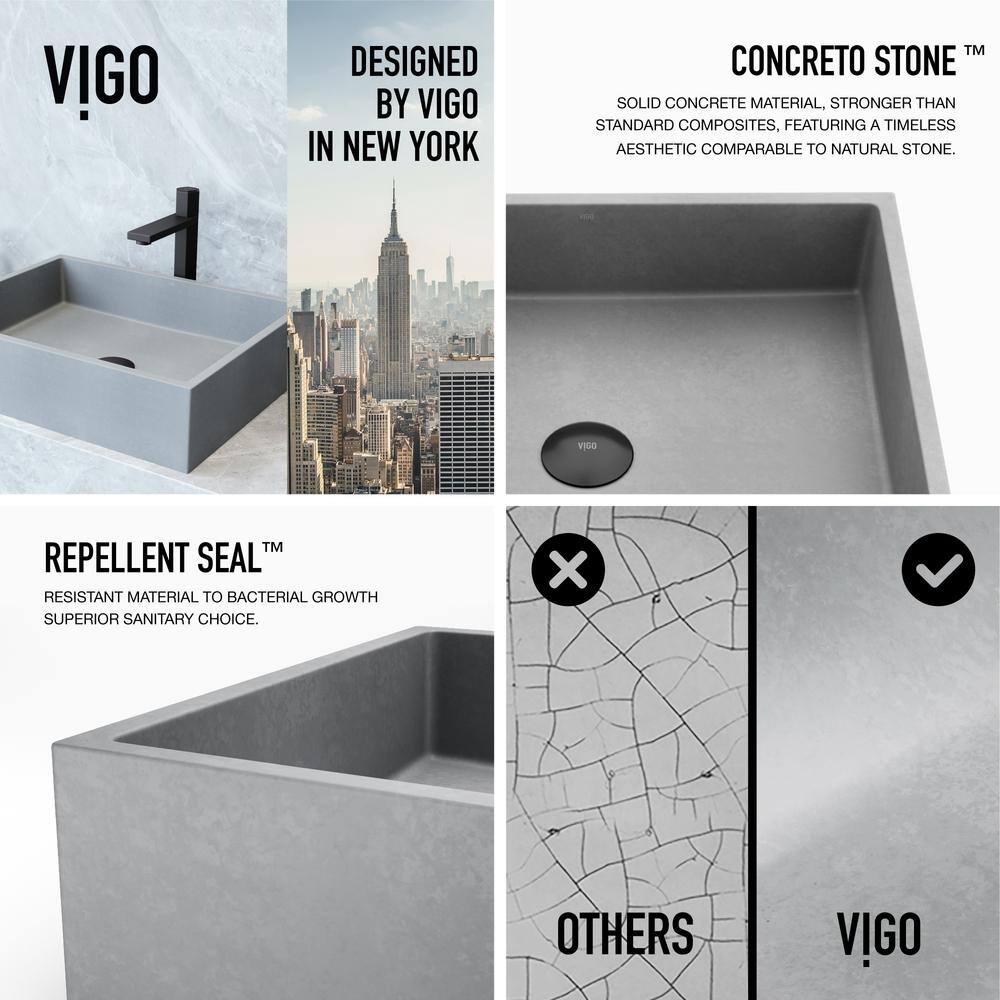 VIGO Coca Gothic Gray Concreto Stone 15 in. L x 19 in. W x 5 in. H Rectangular Vessel Bathroom Sink VG04069