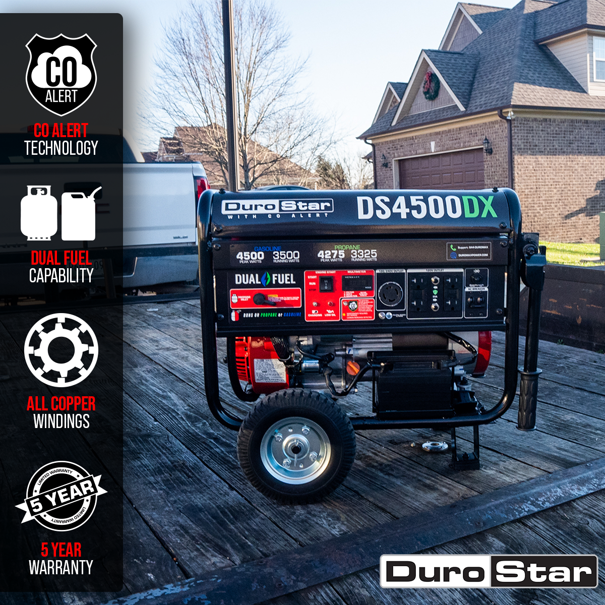 4,500 Watt Dual Fuel Portable Generator w/ CO Alert