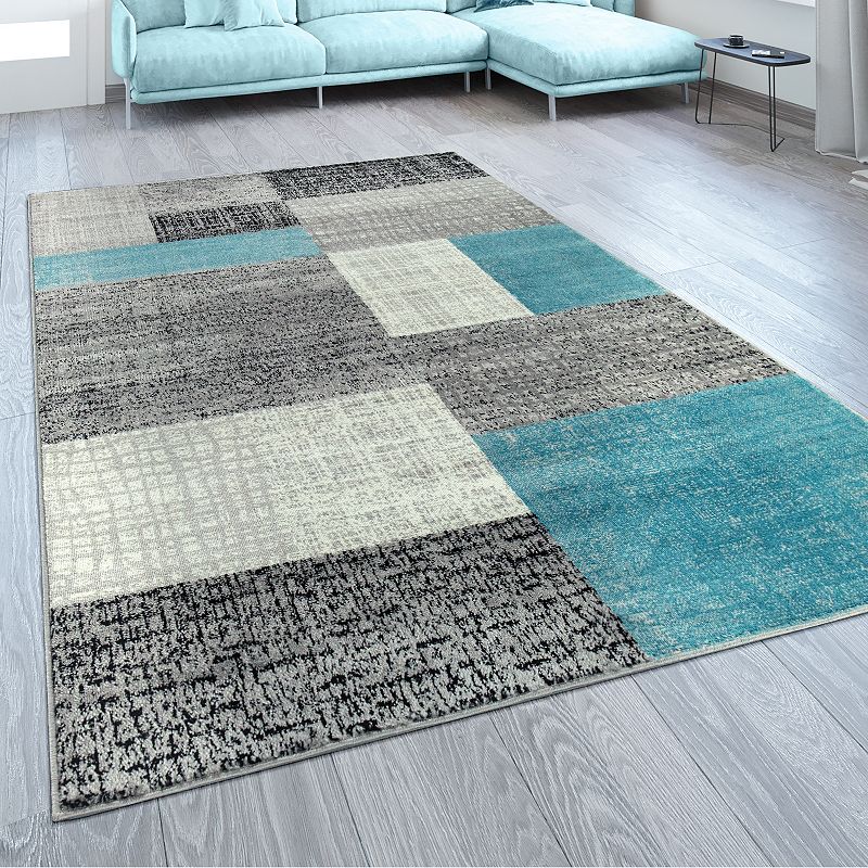 Modern Area Rug Checkered Pattern in Mottled Light Blue White