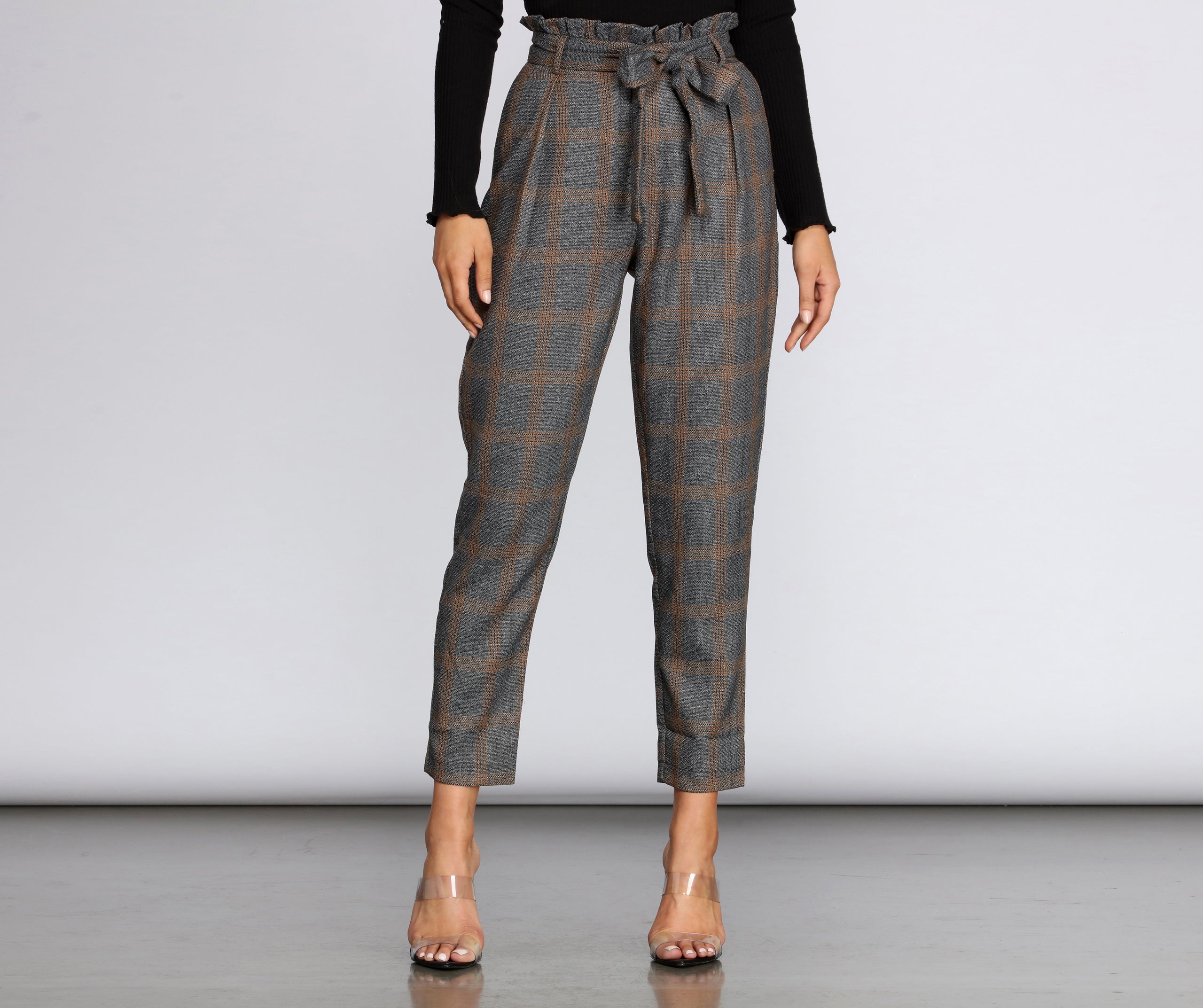 Plaid Paper Bag Tapered Pants