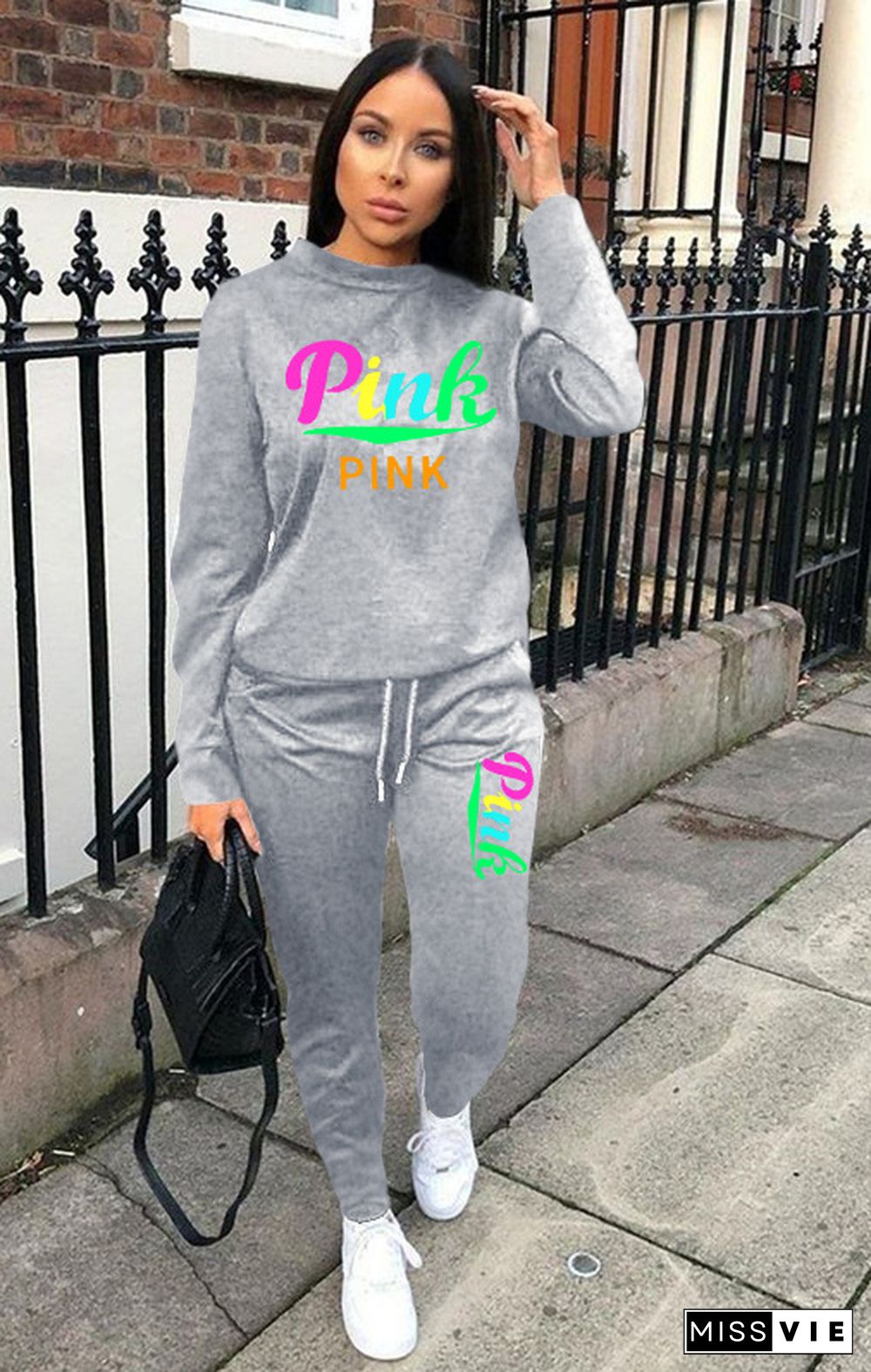 PINK Letter Print Sweatshirt Jogger Pants Two Piece Sets