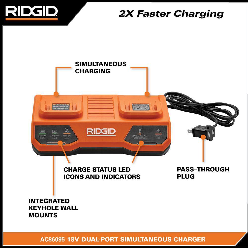 RIDGID 18V Dual Port Simultaneous Charger and 18V 4.0 Ah MAX Output Lithium-Ion Battery Kit AC86095-AC840040