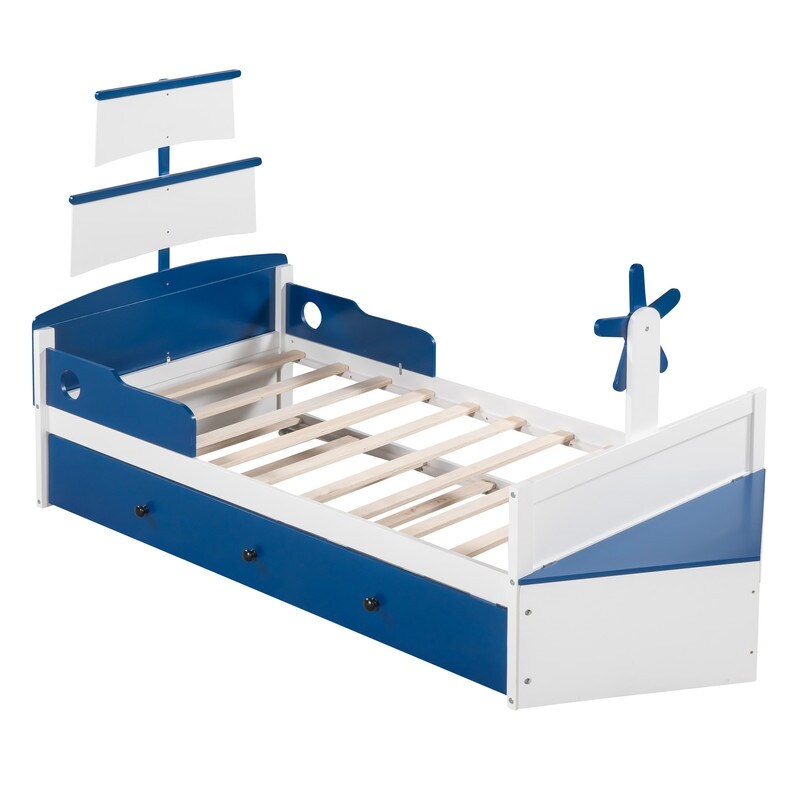 3Pcs Boat Shaped Platform Bed with Trundle and 2 Nightstands