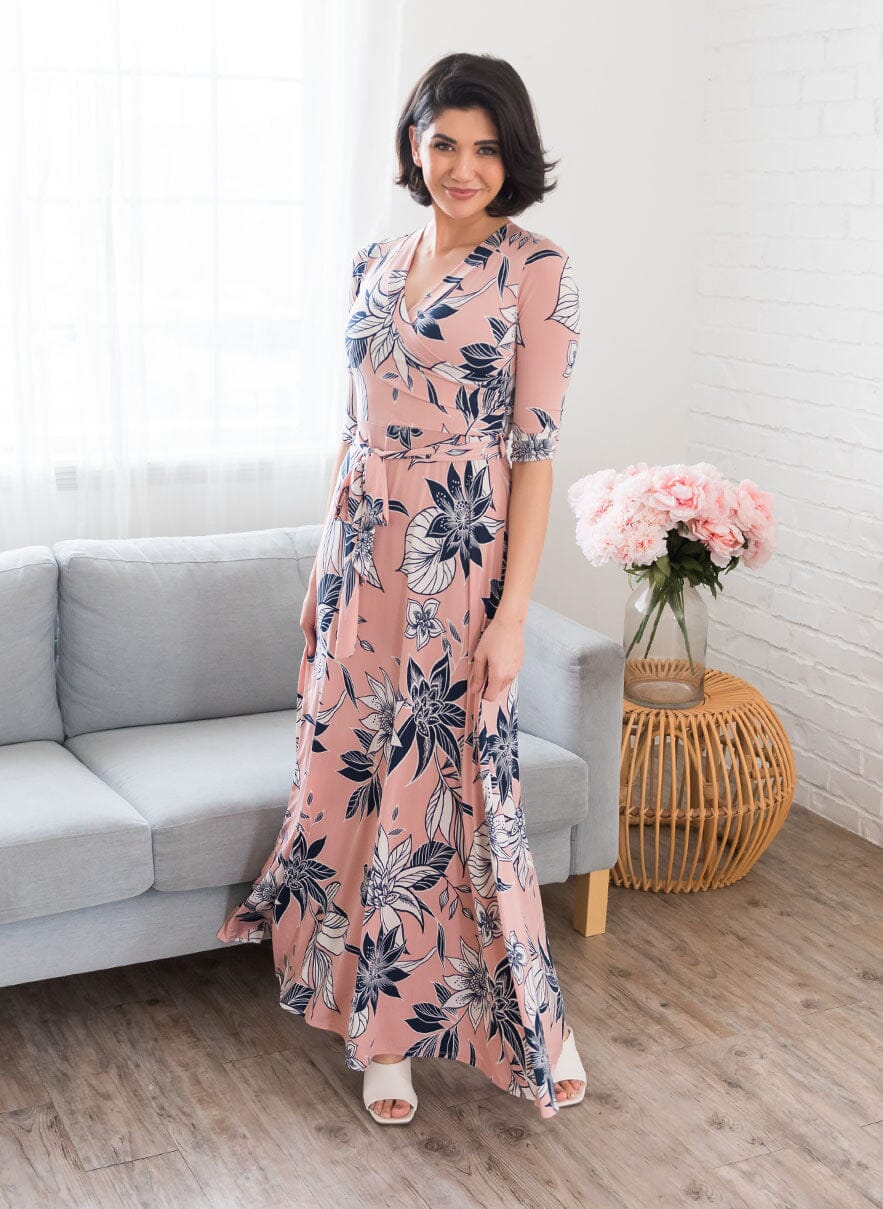 Crystal blush floral navy silhouette plain maxi dress