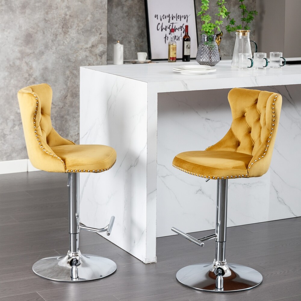 Gold 2pcs Barstools Sets Velvet Bar Stools Button Tufted Dining Chair