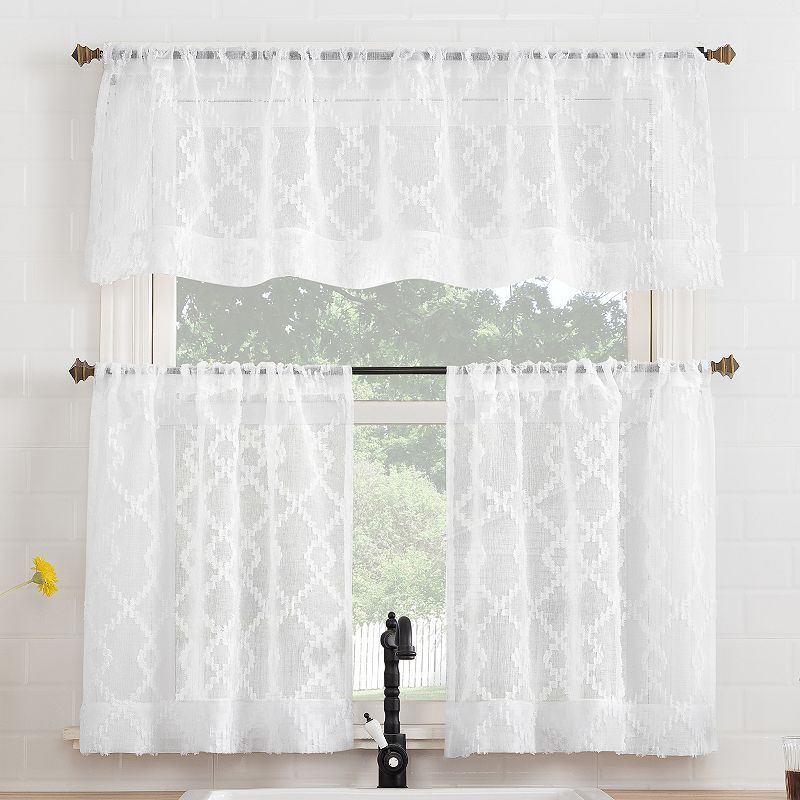 No. 918 Tina Geometric Clipped Jacquard Semi-Sheer Rod Pocket 3-piece Kitchen Curtain Valance and Tiers Set