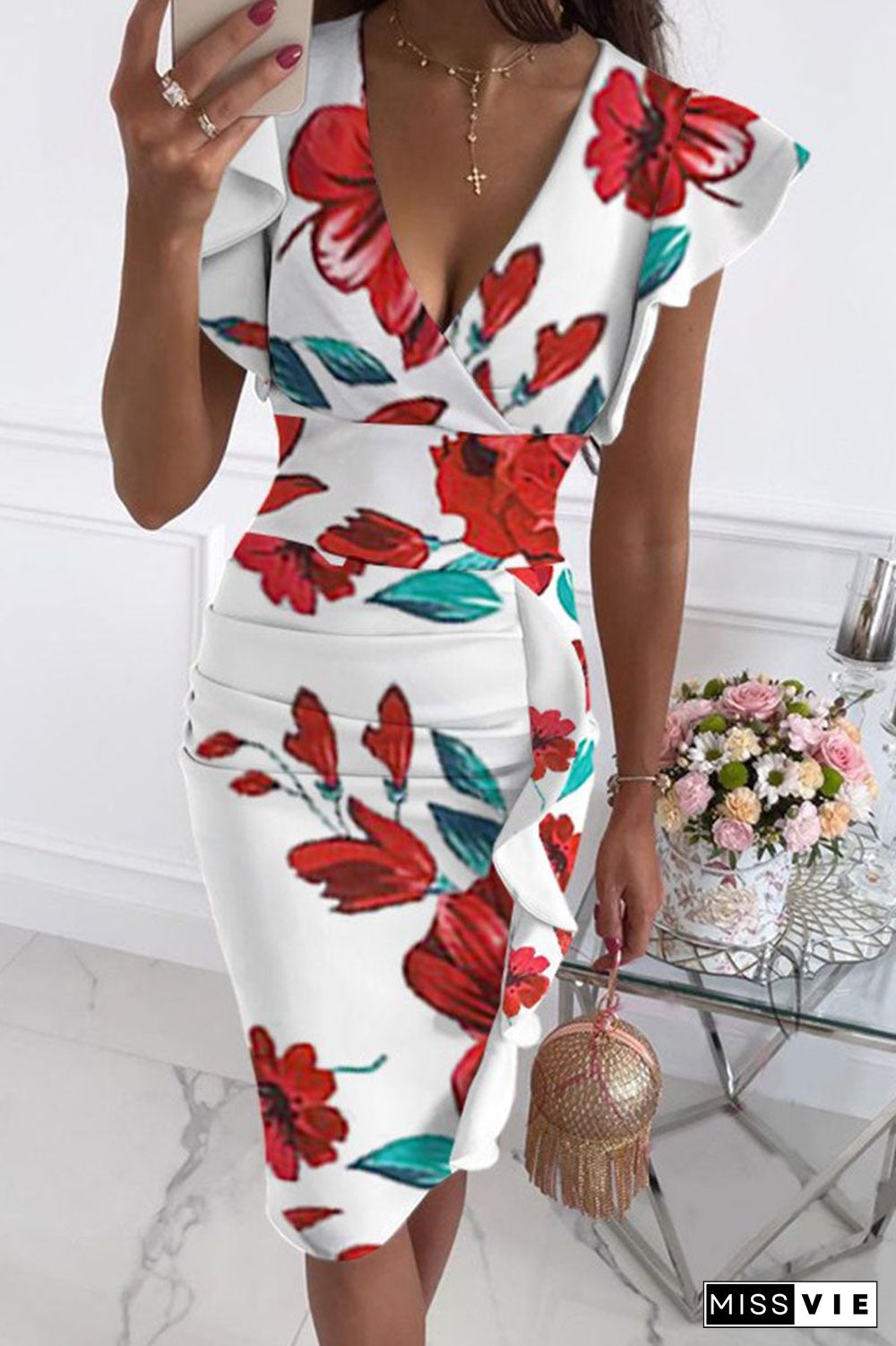 Fashion Street Print V Neck Pencil Skirt Dresses(10 Colors)