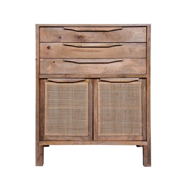 Ryan 40 Inch Cottage Mango Wood Dresser Storage Cabinet， 3 Drawers， Cane Rattan Panels Doors， Natural Brown - - 36148643