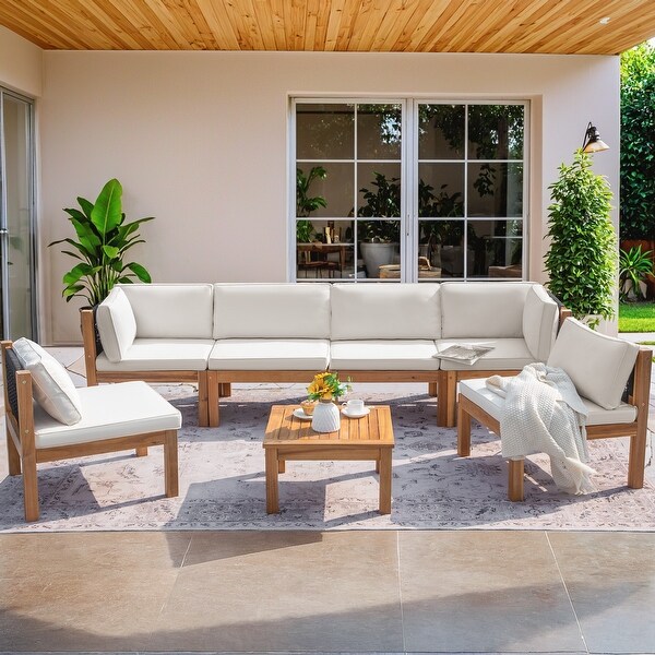 Furniwell 7Piece Outdoor Patio Furniture Sets Sectional Sofa Set Acacia Wood Set with Table ，Rattan sofa set