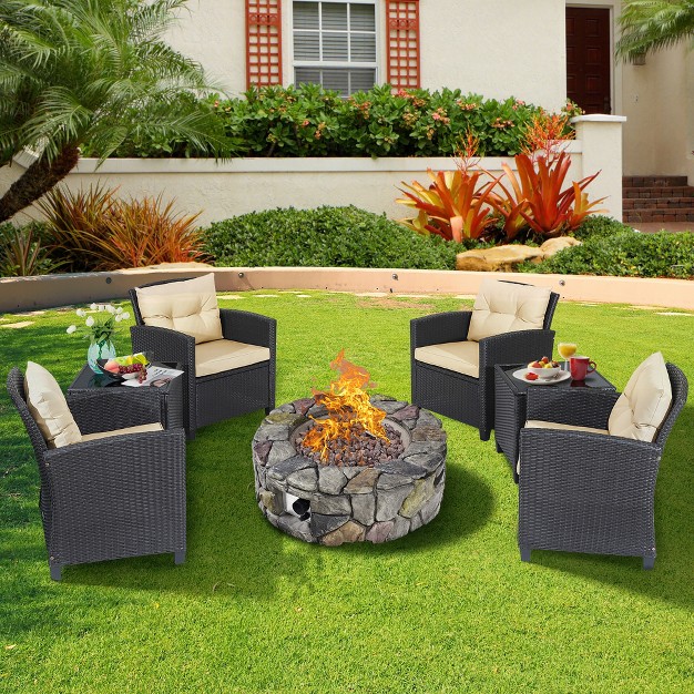 Costway 7pcs Patio Wicker Furniture Set Gas Fire Pit Sofa Side Table Cushioned