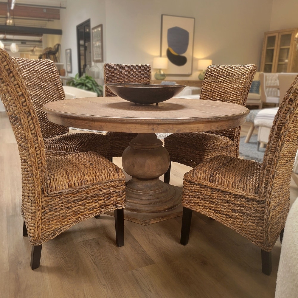 Nico 59 inch Round Reclaimed Pine Antique Natural Carved Pedestal Dining Table