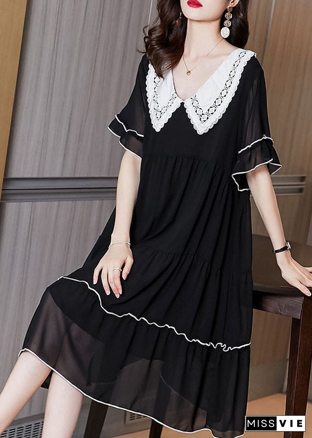 Fashion Black Peter Pan Collar Patchwork Chiffon Maxi Dresses Summer