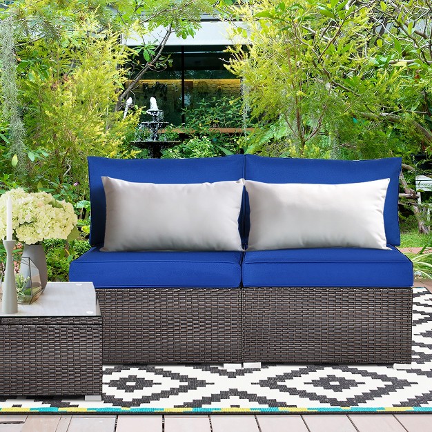 Costway 2pcs Patio Rattan Armless Sofa Sectional Furniture W navy Cushion