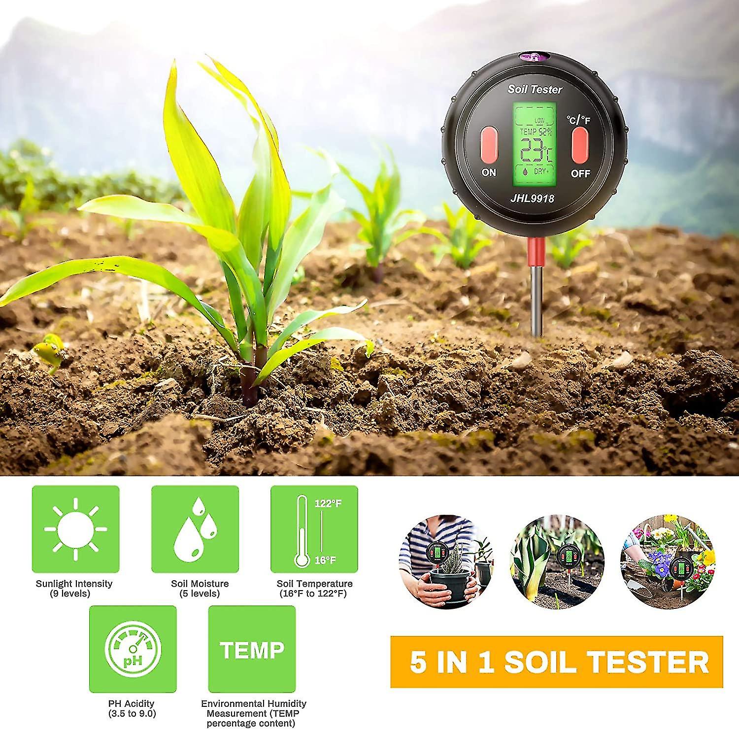 5 In 1 Digital Soil Tester   Ph， Meter， Sunlight， Temperature， Ambient Humidity Measurement For Lawn Care(nior