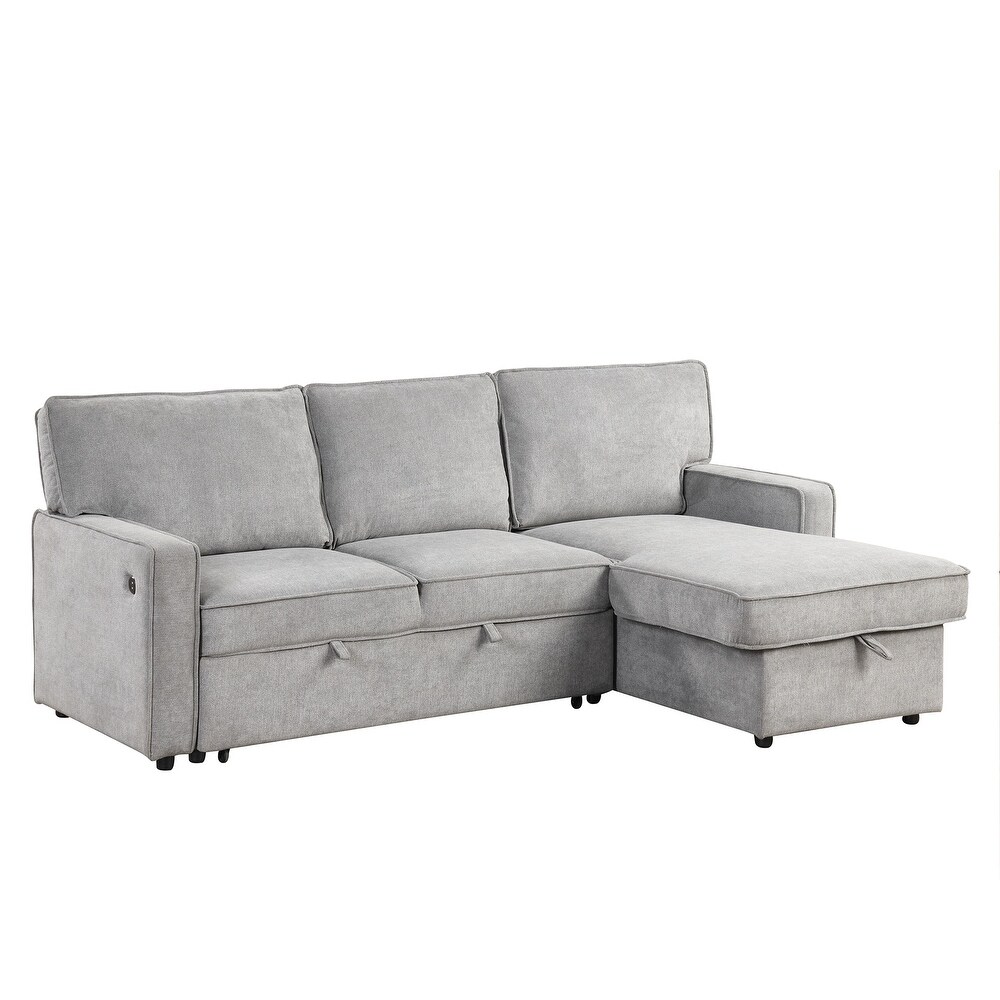 L Shape Sectional Sofa with Pull Out Bed   Storage Chaise  Convertible Sleeper Sofa Bed with USB Port   2 Cup Holders