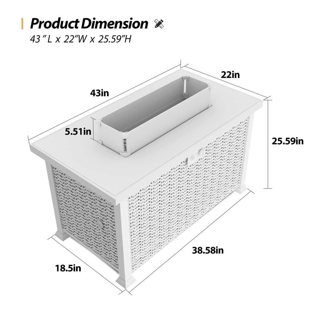 UPHA 43 in x 31 in Rectangle Wicker Propane Outdoor Fire Pit Table with Glass Wind Guard