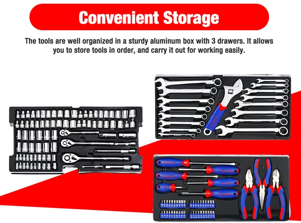 408-Piece Mechanics Tool Set with 3-Drawer Heavy Duty Metal Box (W009044A)