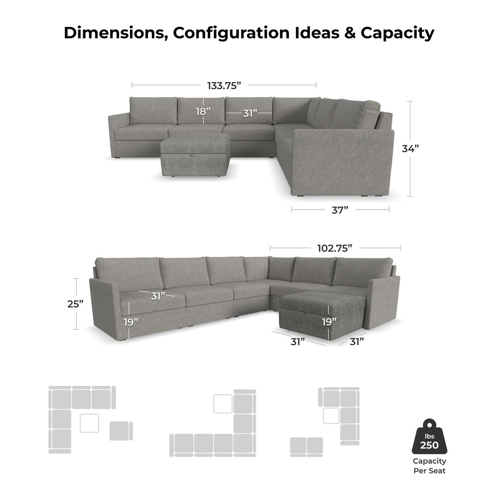 Flex Gray Fabric 6 Seat Sectional with Narrow Arm and Storage Ottoman   132\