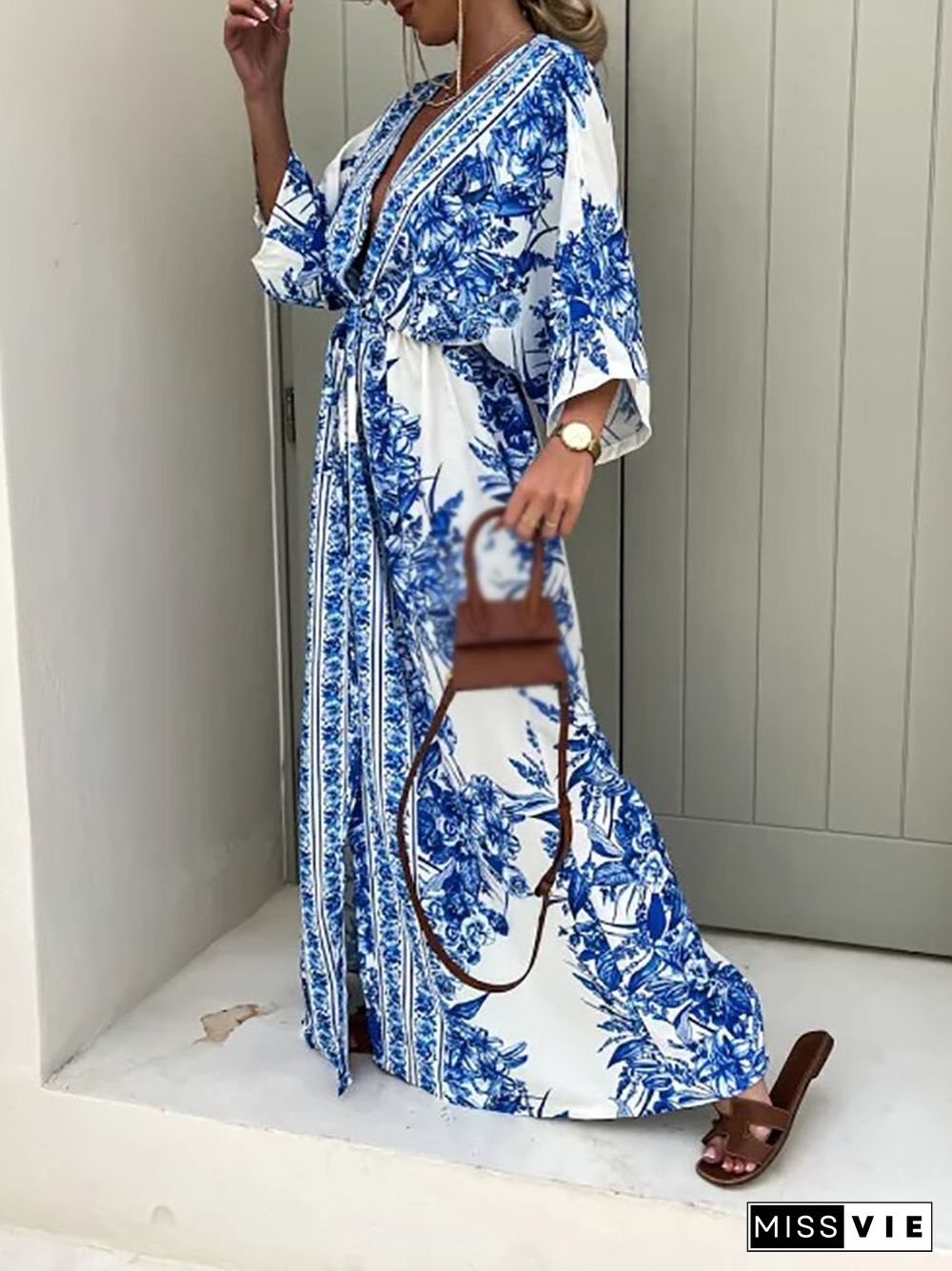 New Boho Print Short Sleeve Women Dress Drawstring Waist Summer V Neck Loose Dress Sexy Split Folds Robe Dress Vintage Vestidos