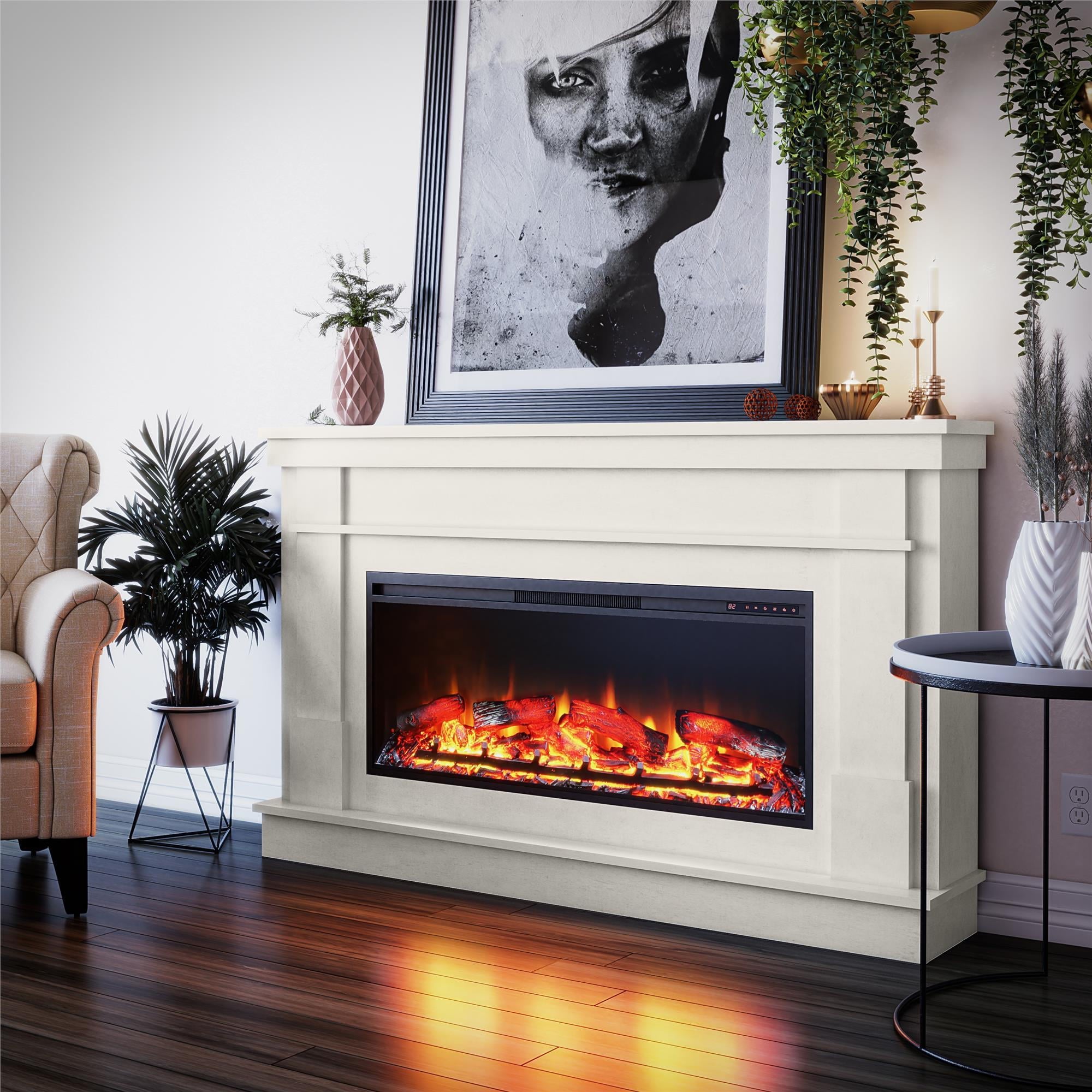 Ameriwood Home Elmdale Wide Mantel with Linear Electric Fireplace, Plaster