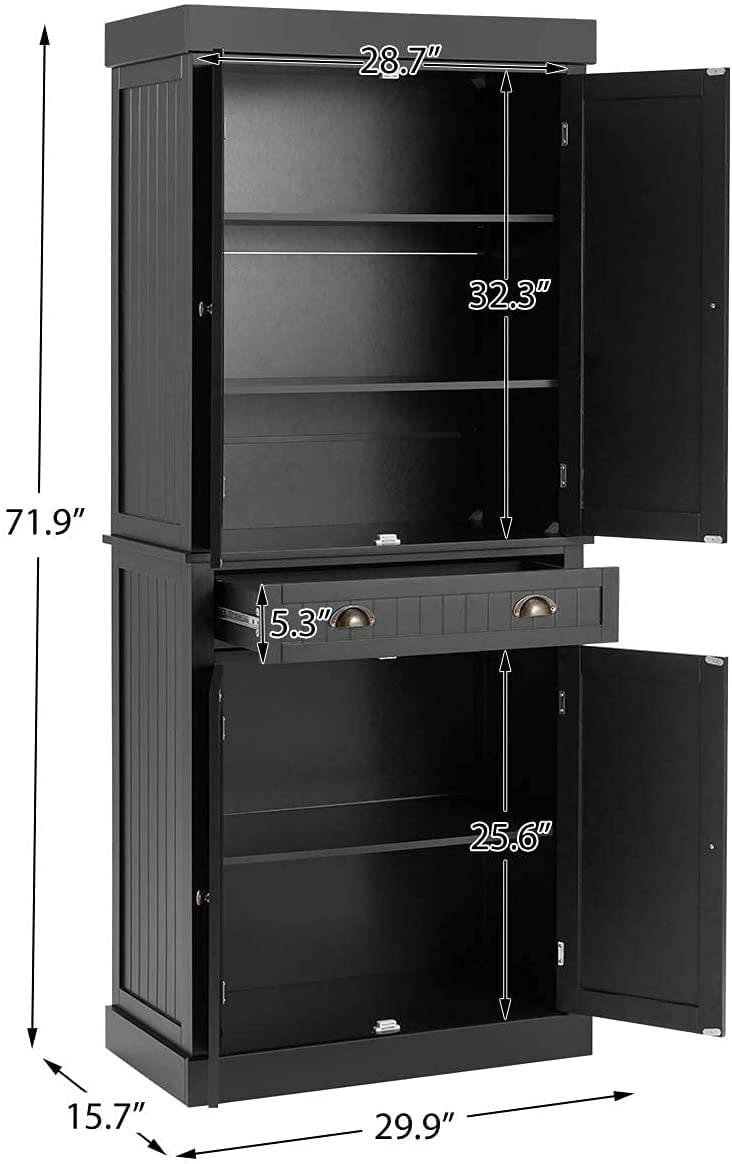 Yoleny Kitchen Pantry， 72” Freestanding Storage Cabinets with Doors and Shelves， Elegant Colonial Design Cabinet Cupboard， Black