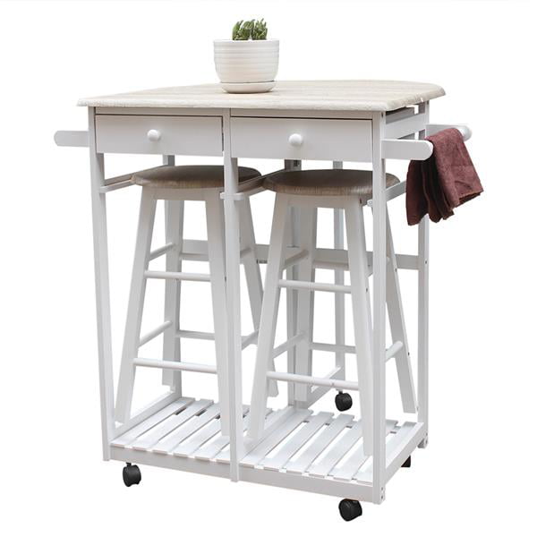 Wulawindy Foldable With Wooden Handle Semicircle Dining Cart With Round Stools White