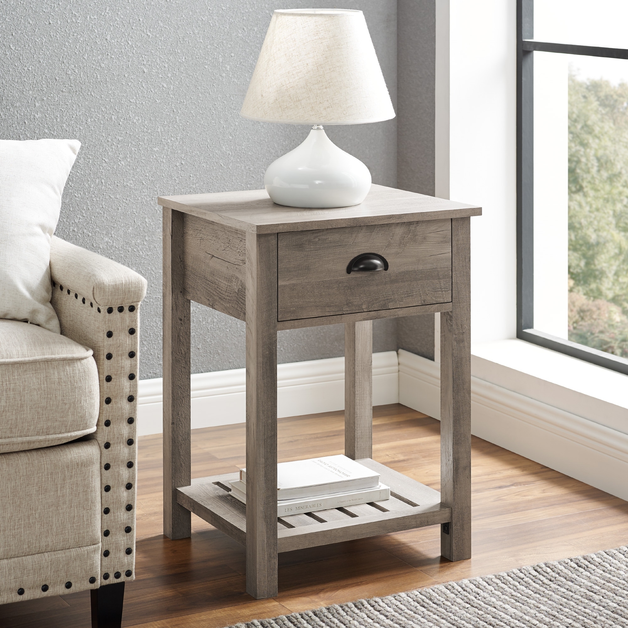 Farmhouse Single Drawer Open Shelf End Table， Grey Wash