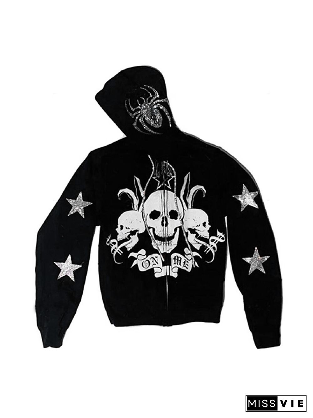 Star Spider Rhinestone Skull Print Zip Up Oversized Hoodie