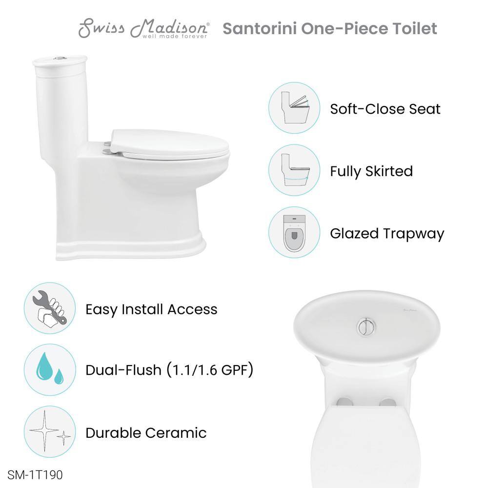 Swiss Madison Santorini 1-piece 1.11.6 GPF Dual Flush Elongated Toilet in Glossy White Seat Included SM-1T190