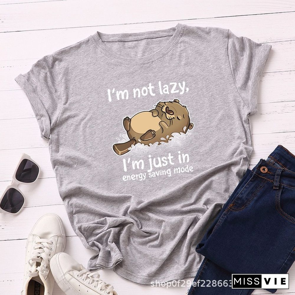 Women T Shirt Summer Cotton Versatile 5XL Short Sleeve Cute Cartoon Lazy Animal Letter Print Casual O Neck Female Tshirt Tee Top