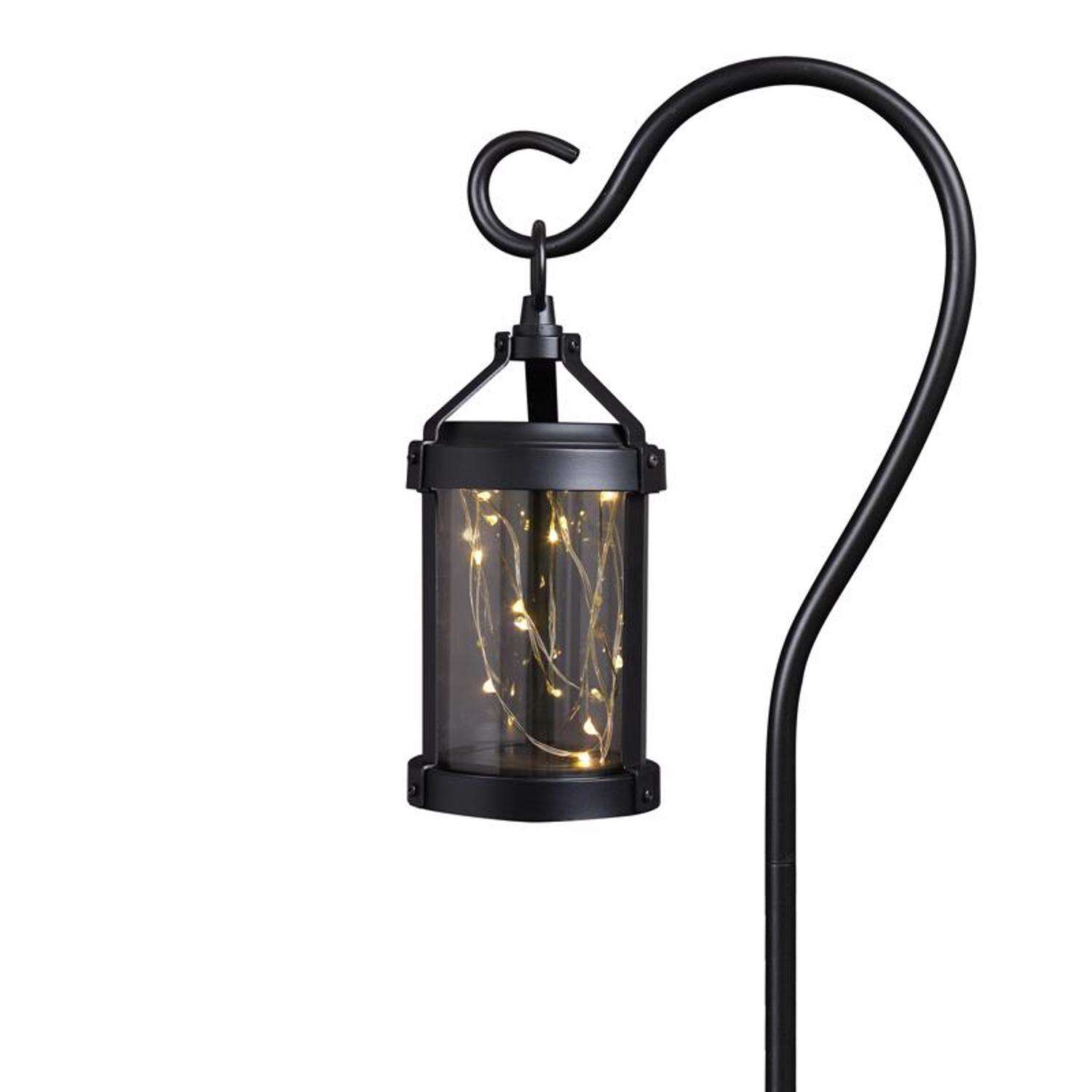 Feit Solar Fixtures 12 in. Solar Power Metal Round Coach Lantern Crackle Jar w/Fairy Lights Black