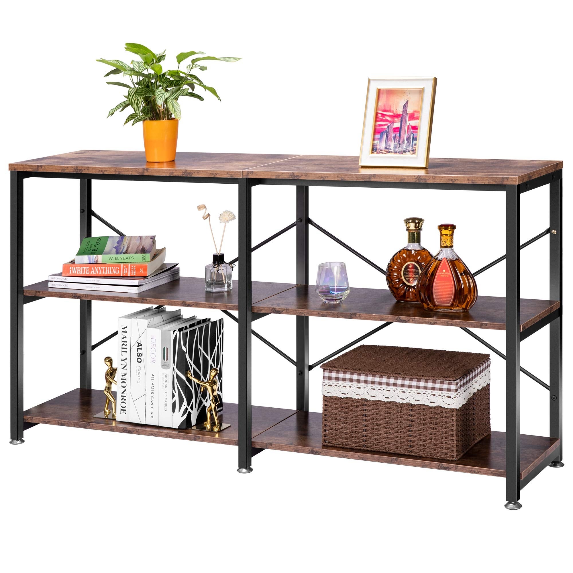 55 Inch Narrow Console Table， Industrial Sofa Table Behind Couch with 3-Tier Storage Shelves， Metal Frame， Easy Assembly