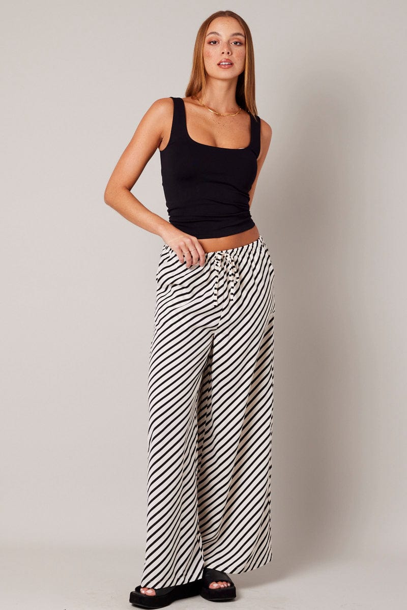 White Stripe Wide Leg Pants High Rise