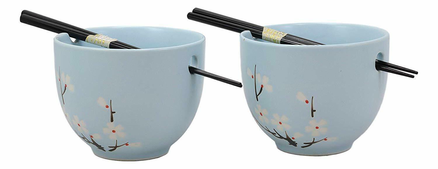 1 Ceramic Japanese Cherry Blossoms Sky Blue Ramen Noodle Bowls and Chopsticks Set 2 EBR02