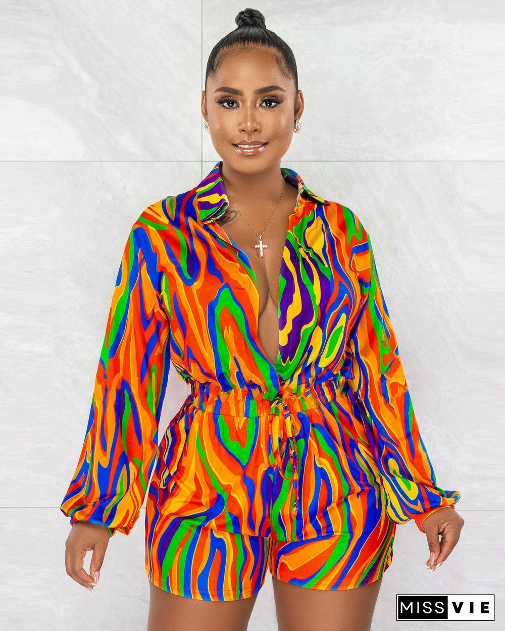 Turn Down Collar Causal Long Sleeve Print Rompers