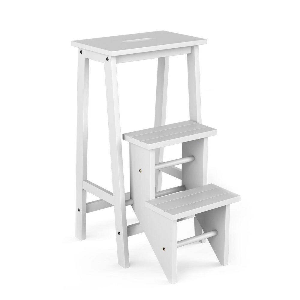 WELLFOR 3-In-1 3-Step Rubber Wood Folding Step Stool 200 lbs. with Convenient Handle in White JV10235-HGY-WH