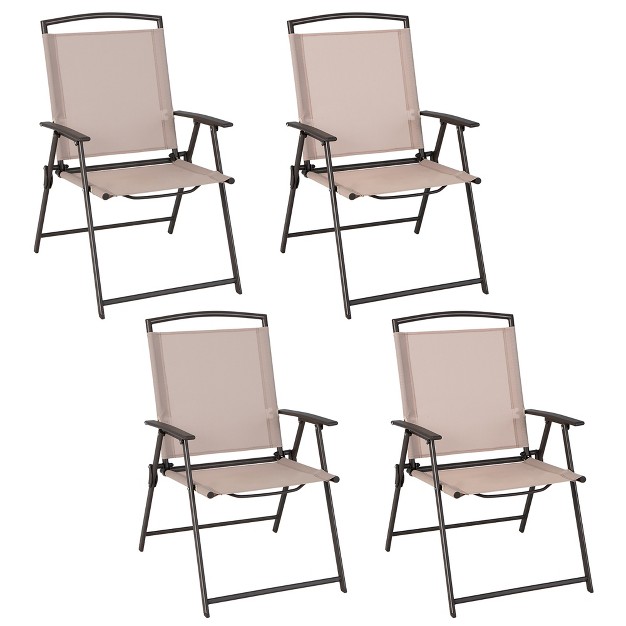 Costway 4 Pcs Patio Folding Sling Dining Chairs Armrests Steel Frame Outdoor Beige grey