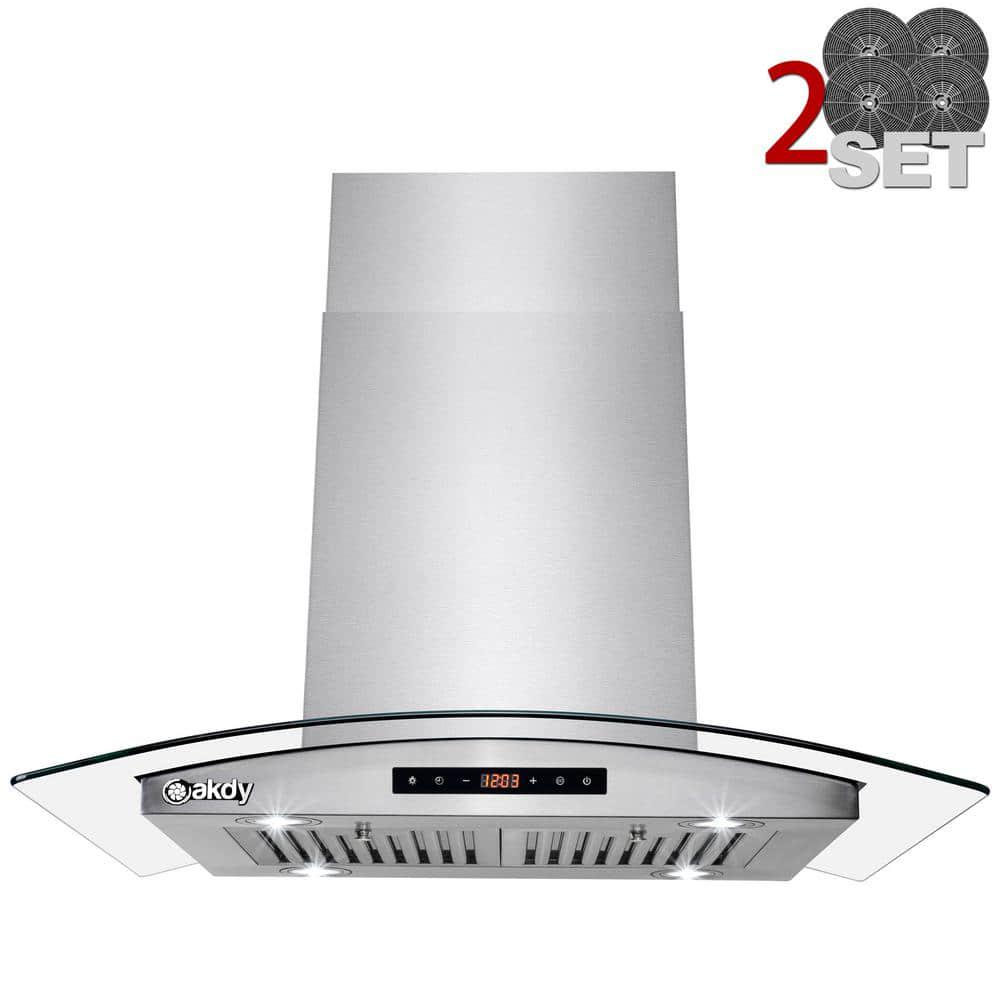 AKDY 36 in 343 CFM Convertible Island Mount Range Hood in Stainless Steel Tempered Glass with 2 Set Carbon Filter