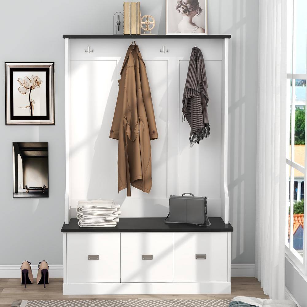 Asucoora Angelique White 46 in. W x 72 in. H Hall Tree with Bench and-Drawer TDTS888WH