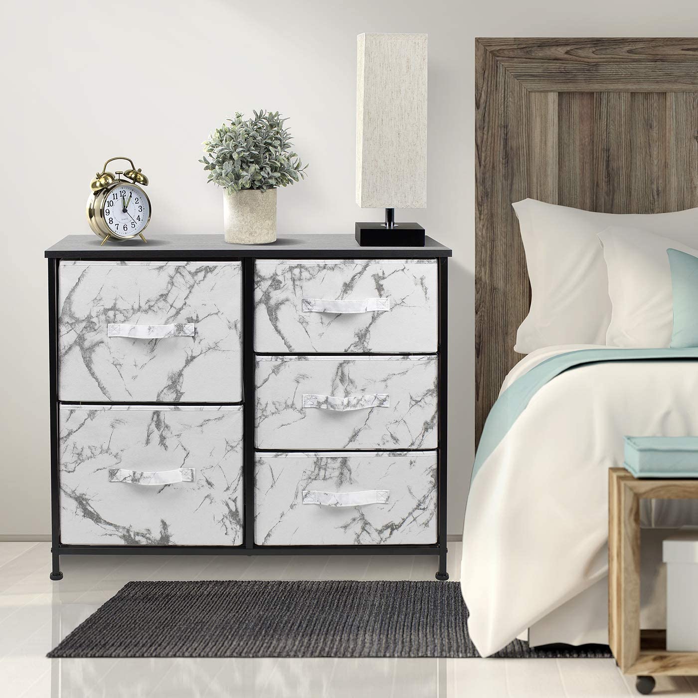 Sorbus Dresser with 5 Drawers- Black Frame, White Marble Drawers