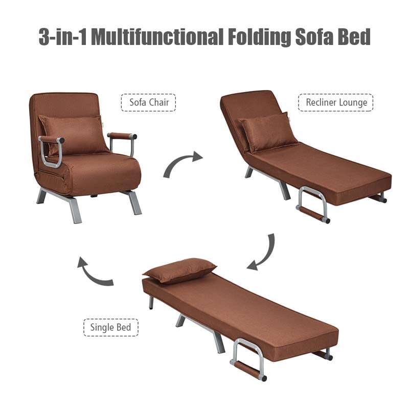 Folding Convertible Sofa Bed Sleeper Chair w/Pillow, 5-Position Armchair Chaise Lounge Couch