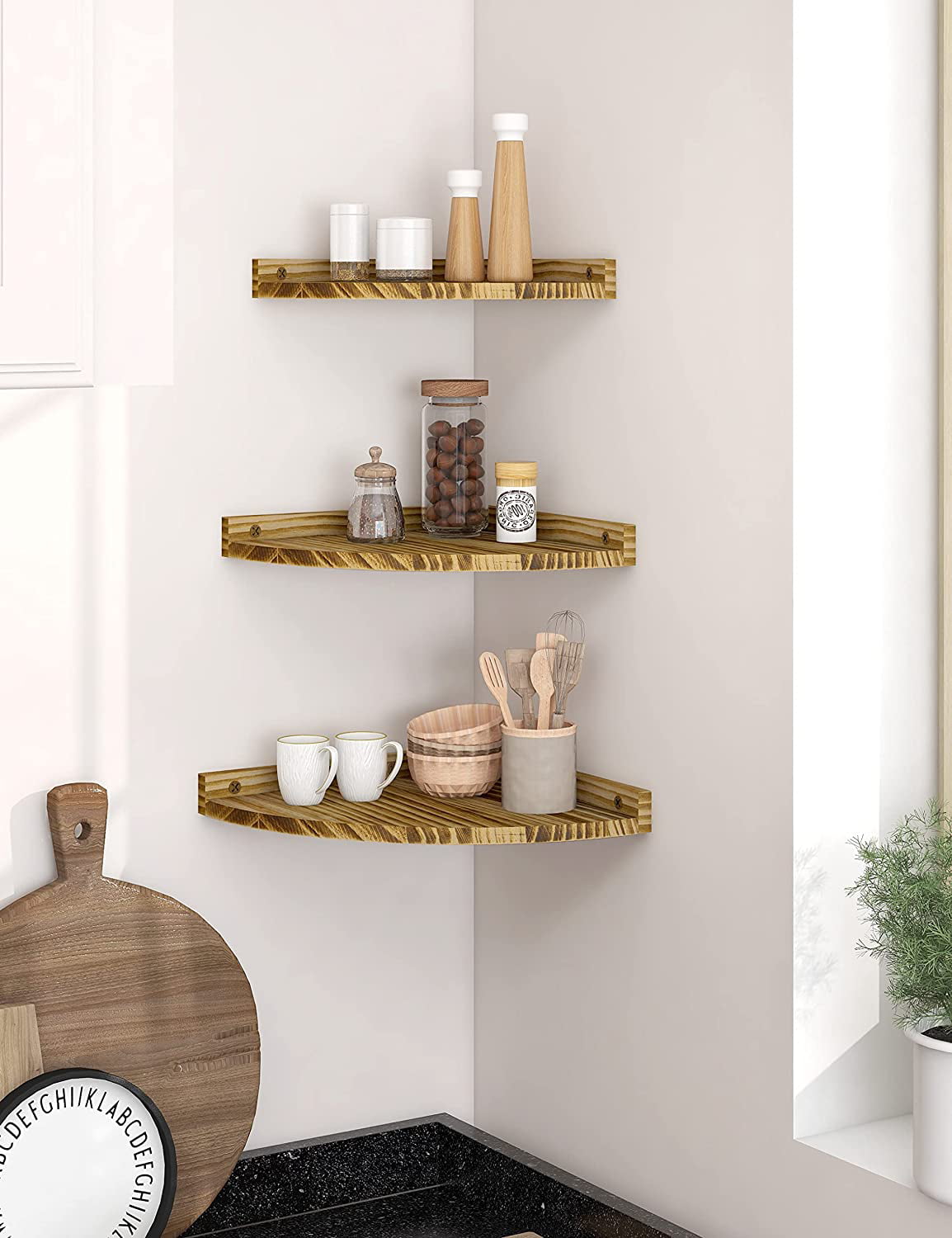 Afuly Floating Corner Shelves for Wall, Rustic Solid Brown Wood Wall Mounted Corner Shelf, 3psc