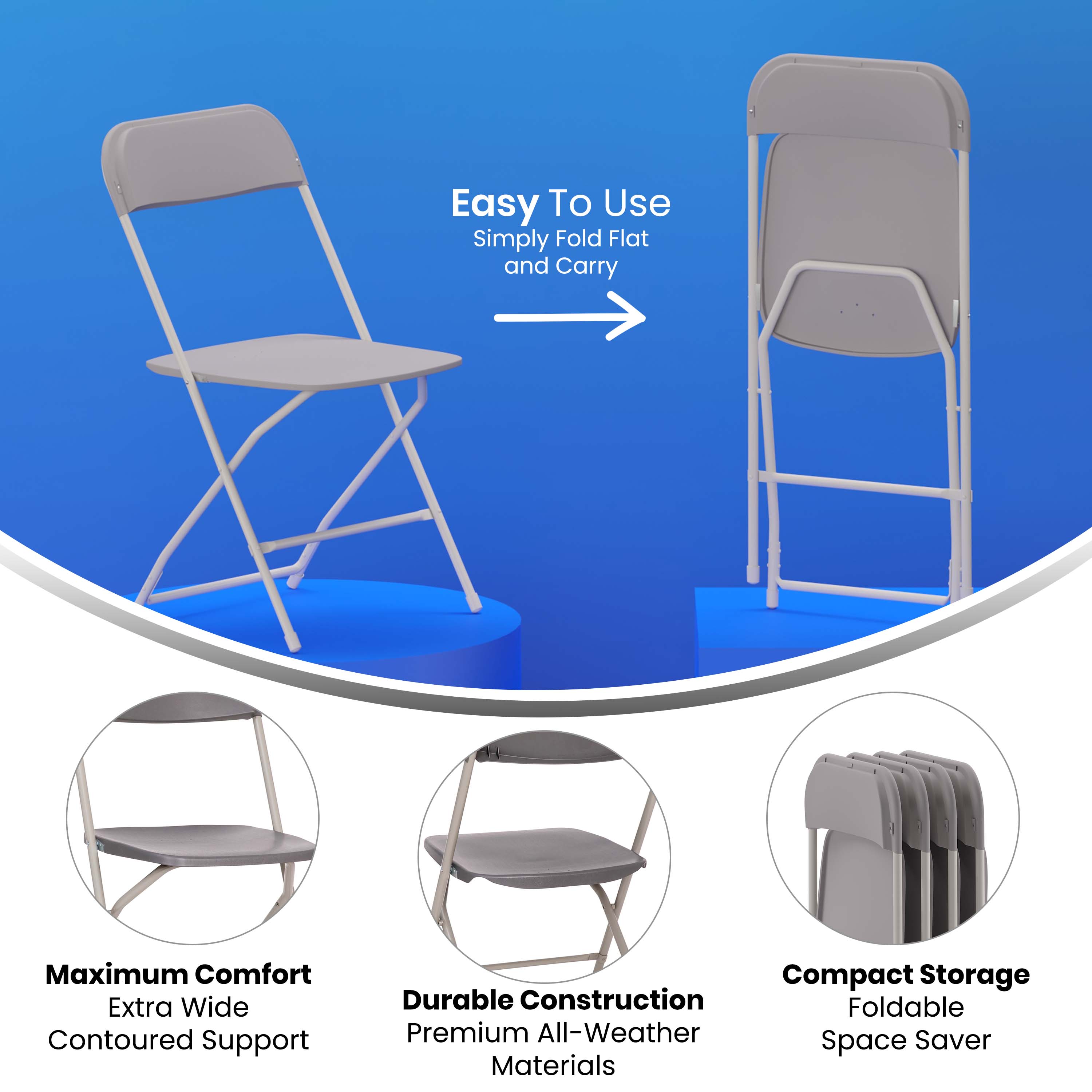 BizChair Big and Tall Commercial Folding Chair - Extra Wide 650LB. Capacity - Durable Plastic - Gray, 4-Pack