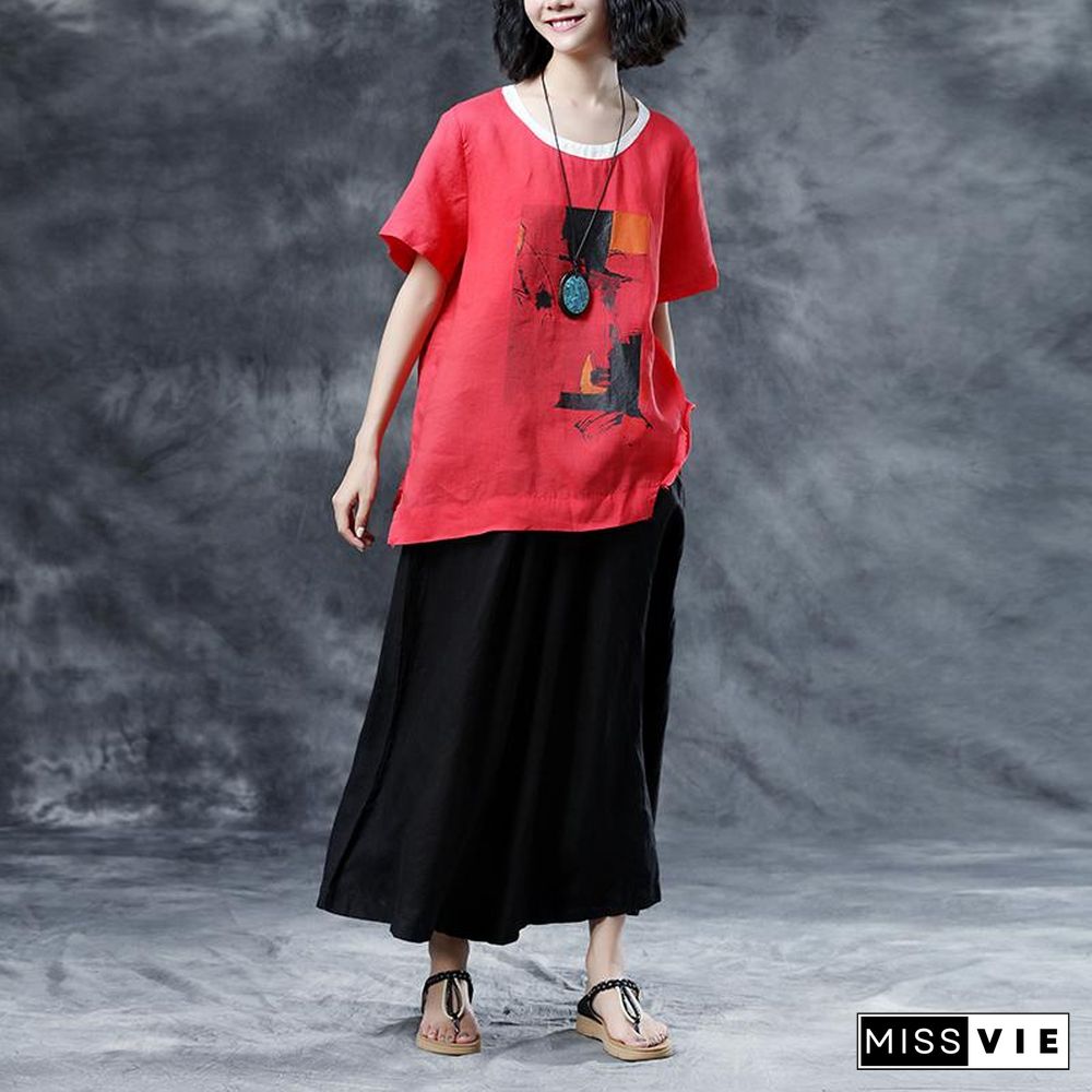 fashion natural cotton linen t shirt oversize Summer Short Sleeve Loose Red Casual Shirts