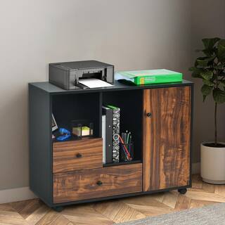 FORCLOVER Brown and Black Lateral Removable Filing Cabinet Printer Stand with 2-Drawers and 3-Shelves W320-H66H