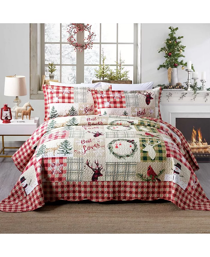 MarCielo 3 Piece Christmas Quilt Bedspread Snowman Reversible Quilt Set B009 - King