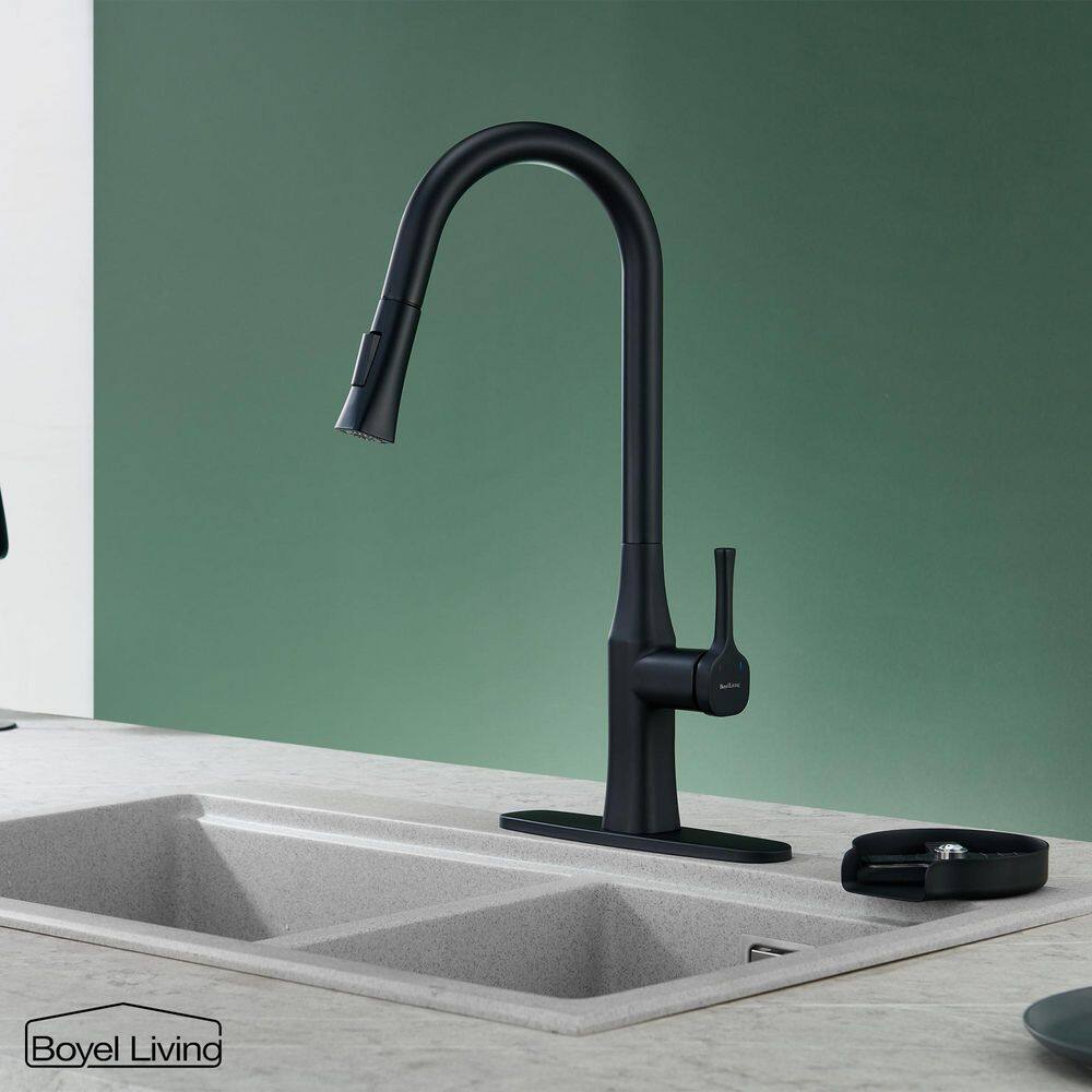 Boyel Living Single Handle No Sensor Pull Down Sprayer Kitchen Faucet with Deckplate Included and Glass Rinser in Matte Black BL-D3541-MB