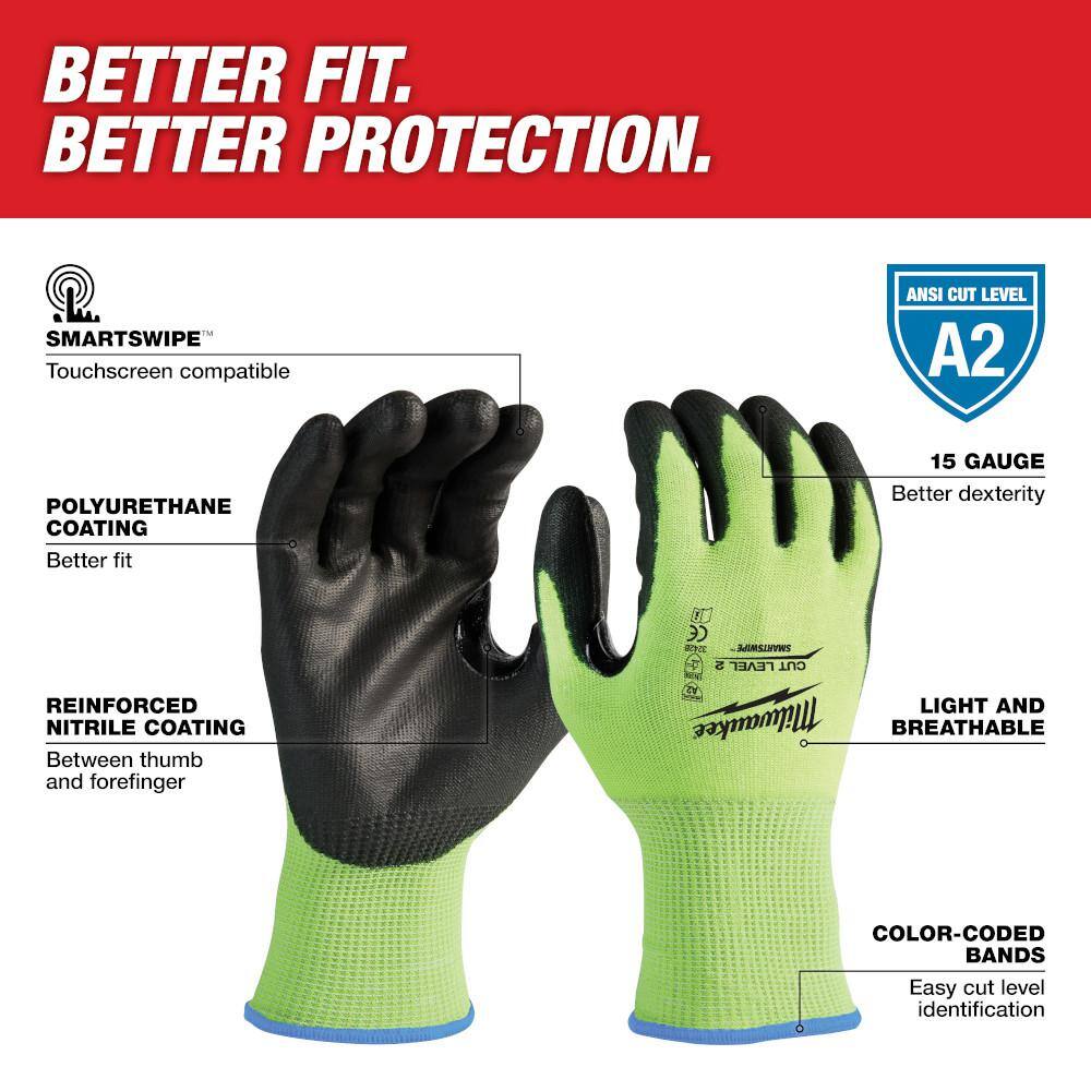 MW X-Large High Visibility Level 2 Cut Resistant Polyurethane Dipped Work Gloves (3-Pack) 48-73-8928D